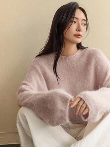 Dazy-Less 女士宽松休闲商务通勤时尚圆领套头衫棕色针织毛衣，秋冬 - 卡其色 - 查看 9