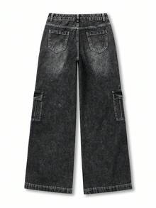 Y2Kool Women's Contrast Stitching Cargo Jeans, Autumn/Winter Streetwear Y2K Style Casual Pants, Suitable For Halloween, Christmas, Back To School Matching Idea Baggy Jeans Y2k Jeans Wide Leg Jeans Black Jeans Denim Pants Stylish Clothing Collection New Year Outfits