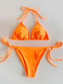 Swim Basics Summer Beach Halter Triangle Tie Side Bikini Set, Bathing Suit - Orange - View 3
