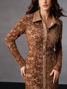 Anewsta High-End Design Autumn/Winter Lace Patchwork PU Leather Metal Button Embellished Slim Fit Dress - Coffee - View 7
