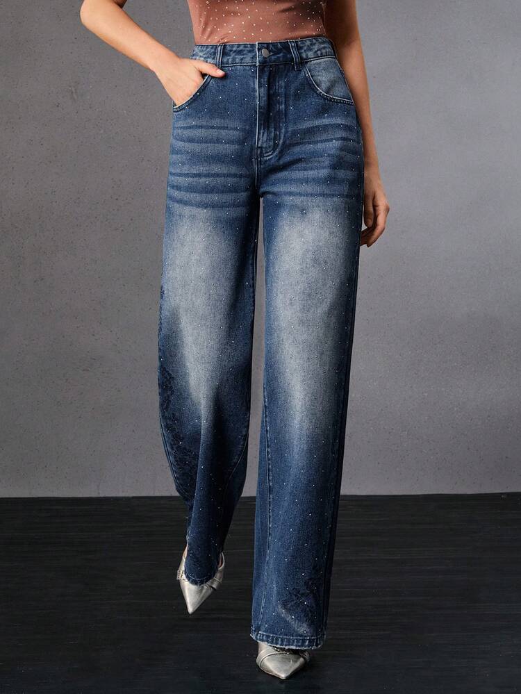 Women's Elegant Embroidered & Rhinestone Embellished Blue Straight Leg Pants, Suitable For Dates, Autumn/Winter