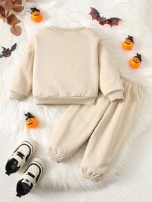 2pcs Baby Boy/Girl Khaki Soft Round Neck Long Sleeve Sweatshirt With Spider Web, Cute Ghost, Pumpkin Embroidery, All-Match Versatile Fashion, Suitable For Casual Wear, Autumn/Winter Halloween Sweatshirt Set Tracksuits Halloween Clothes Pumpkin Baby Outfit Baby Halloween  Fall Baby Outfit Baby Outfit Autumn Halloween Baby Outfit - Khaki - View 2