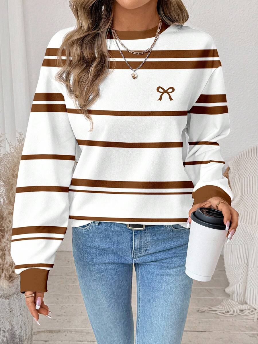 SHEIN LUNE Casual Minimalist Printed Pattern Crew Neck Loose Fit Women Sweatshirt Women Long Sleeve Tops Autumn Winter Clothes For Women,Fall,Fall Clothes For Women