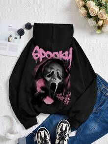 SHEIN 万圣节幽灵印花休闲宽松舒适长袖卫衣，适合青少年女孩，秋冬季 - 彩色 - 查看 4