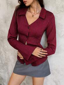 SHEIN Unity Women's Plain Color Bell Sleeve Button Front Casual Shirt, Autumn Fall Cloth For Women - Burgundy - View 5