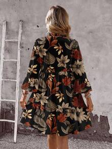 EMERY ROSE 休闲浪漫秋季枫叶和花朵印花大码女式A字连衣裙 - 彩色 - 查看 2