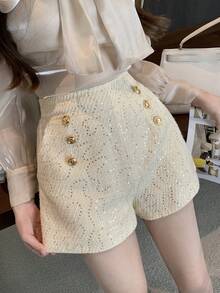 DAZY Solid Color Studded Sequin Design Women's Fashion Shorts - Apricot - View 6