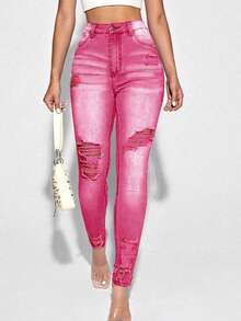 SHEIN Essnce Quần jeans denim skinny lưng cao tối giản, phù hợp mặc hàng ngày - Hồng - Xem 4