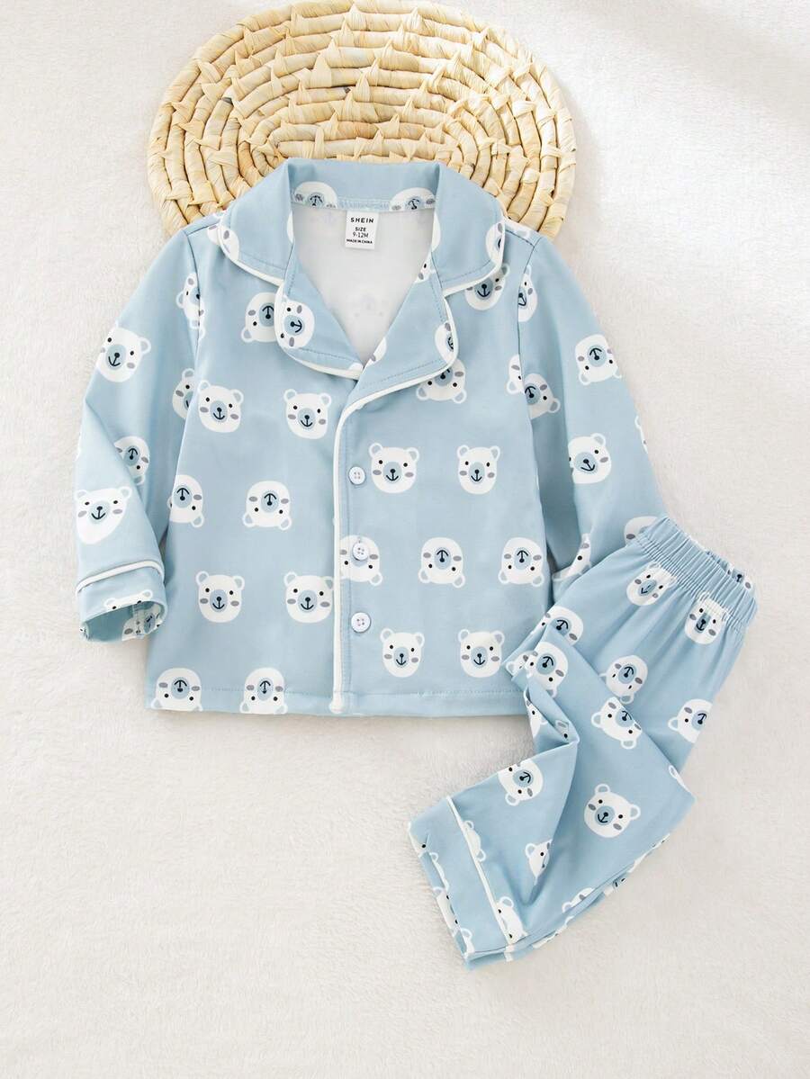 2pcs Baby Boy Knitted Cardigan Long Sleeve Top And Pants Set, Bear Pattern, Blue & White, Casual Loungewear, Autumn/Winter - Multicolor - View 1