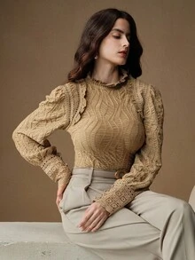 Anewsta 女式秋季荷叶边领花卉拼布法式复古风格优雅卡其色长袖衬衫 - 卡其色 - 查看 4