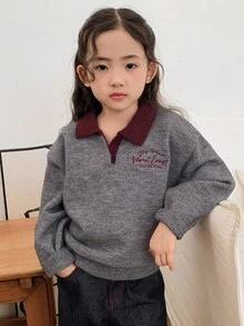 DAZY Jeune fille Tricot décontracté avec broderie de lettre et col contrastant, Automne/Hiver - Gris - Voir 2