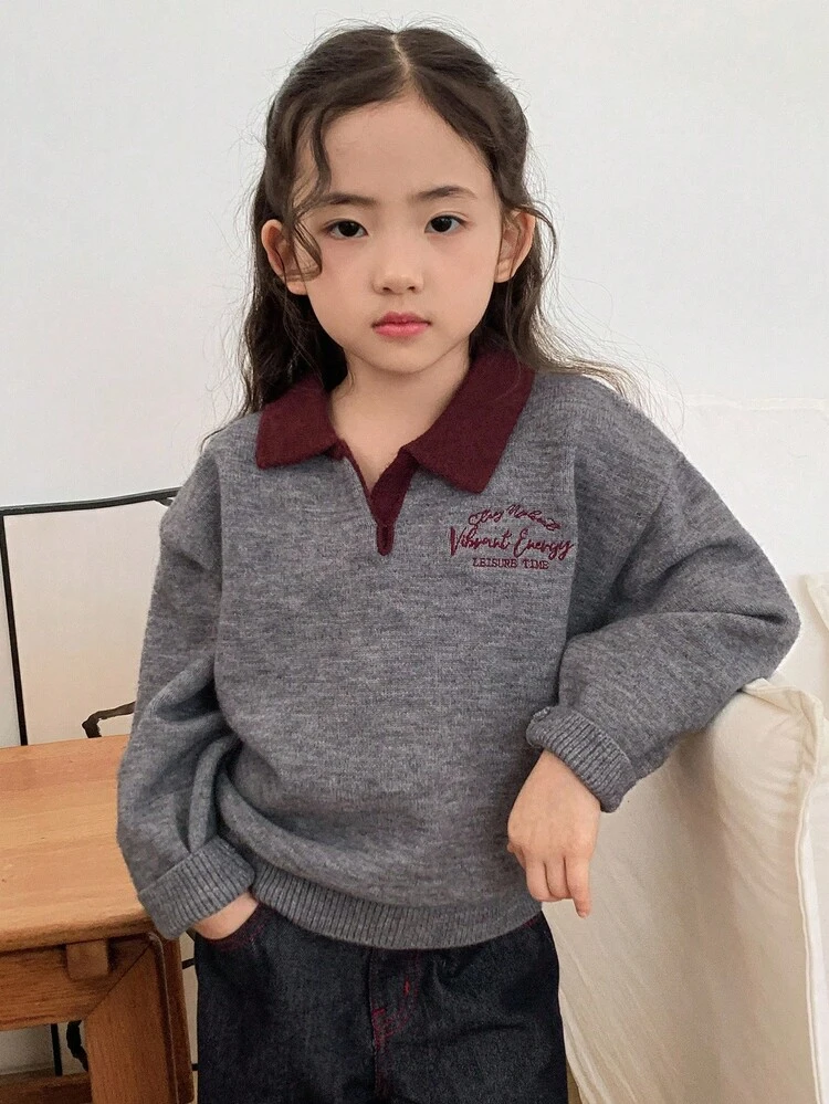Young Girl Casual Letter Embroidery Contrast Color Collar Sweater, Autumn/Winter