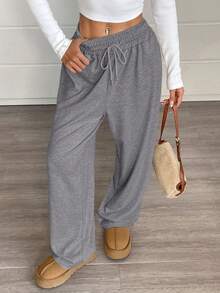 SHEIN EZwear Quần nỉ dài tay dáng rộng màu xám có dây rút eo cỡ lớn dành cho nữ - Xám - Xem 6