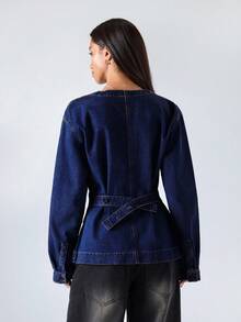 LYSMO Women's Fashion Waist Cinched Denim Blouse - Dark Wash - View 2