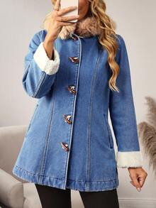 EMERY ROSE Women's Casual Denim Jacket With Fur Collar And Horn Buttons, Autumn/Winter - Blue - View 7