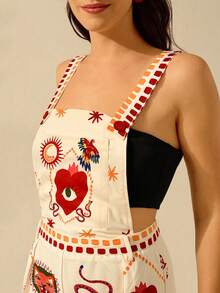 CAJUNI Women's Boho Tropical Leopard, Turtle Back Bamboo, Devil's Eye, Snake And Bird Print, Big Pocket Suspenders Casual Vacation Beach Summer Black Long Jumpsuit - Multicolor - View 5