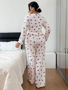 Napfluff CURVE Napfluff CURVE Plus Size Ribbed Strawberry Print Long Sleeve Top & Pants Pajama Set, Cozy Outfit, Fall Winter Clothes - Red - View 2