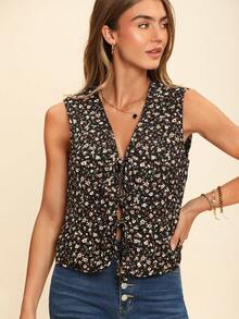 Coeurva Áo khoác vest nữ dáng rộng không tay in họa tiết du lịch - màu đen - Xem 5