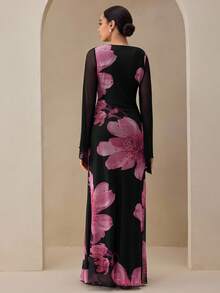 Graceveil 优雅花卉印花网眼泡泡袖连衣裙，浪漫秋冬派对之选 - 黑色 - 查看 2