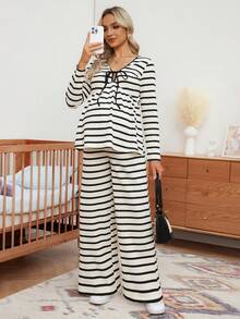 SHEIN Bộ 2 món áo và quần sọc thường ngày cho bà bầu, mùa thu - Đen và trắng - Xem 4