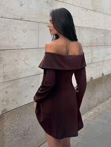 Siren Gaze Women's Solid Color Off Shoulder Long Sleeve Metal Single-Breasted Fashion Mini Dress Burgundy Winter Chic Brown Casual - Brown - View 4