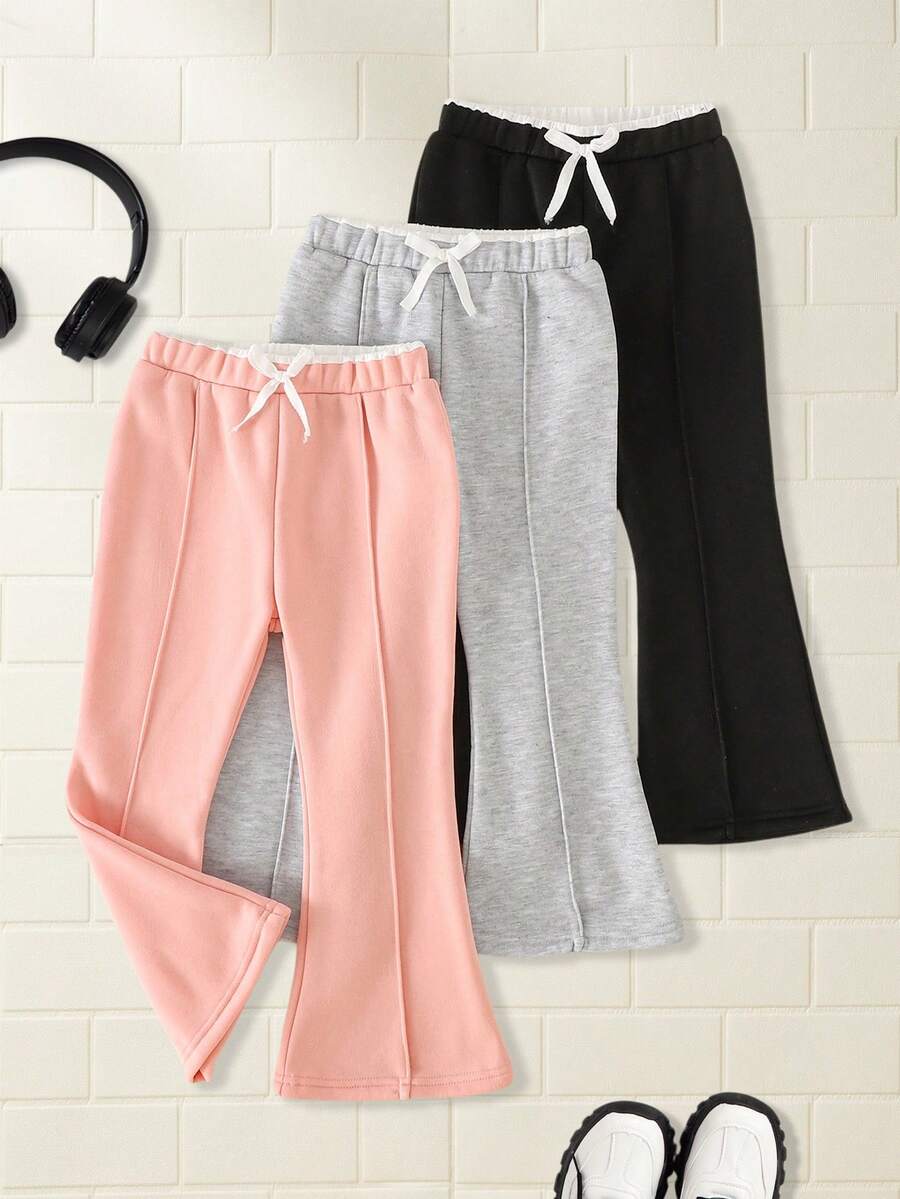 SHEIN Explorewe 3pcs Young Girls Casual Solid Color Flared Sweatpants, Autumn/Winter Fall - Dusty Pink - View 1