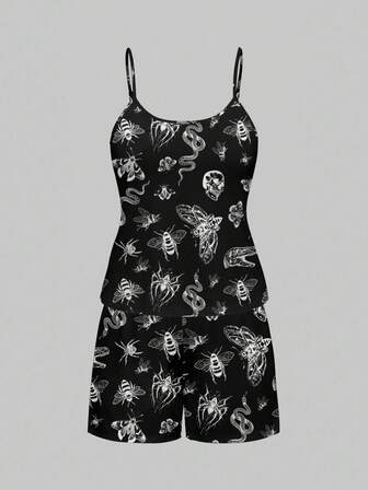 Plus Size Gothic Bat, Moth, Butterfly, Snake Print, Spider Full Print Camisole & Shorts Pajama Set, Casual Sleepwear