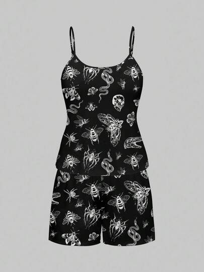 Goth Ensemble pyjama camisole et short imprimé chauve-souris gothique, papillon, serpent et araignée, grande taille. Vêtements de nuit décontractés.