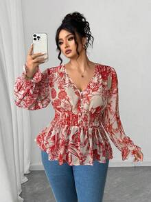 Elenzga 大码女式衬衫，蓝白宫廷花卉腰部荷叶边雪纺衬衫，优雅花卉饰边设计，适合返校、毕业、情人节、音乐节、母亲节、万圣节、感恩节、复活节、国庆节、联欢晚会、约会派对、婚礼季、户外旅行 - 紅色 - 查看 4