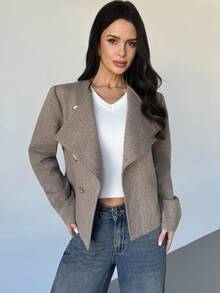 Firerie 女士优雅精致休闲日常通勤新款街头时尚都市时尚斜襟金属纽扣腰部收紧长袖双面羊毛大衣，秋冬 - 卡其色 - 查看 8