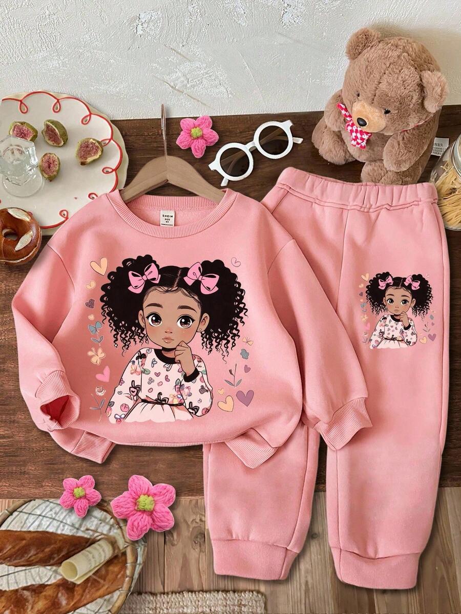 SHEIN 2 chiếc/Bộ Áo nỉ chui đầu họa tiết trái tim dễ thương cho bé gái màu hồng, phù hợp cho mùa thu/đông - Hồng - Xem 1