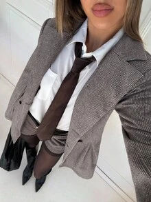 SHEIN EZwear Plaid Double-Breasted Cinched Waist Jacket & Shorts Suit Set, Autumn/Winter,Business Casual Woman - Multicolor - View 5