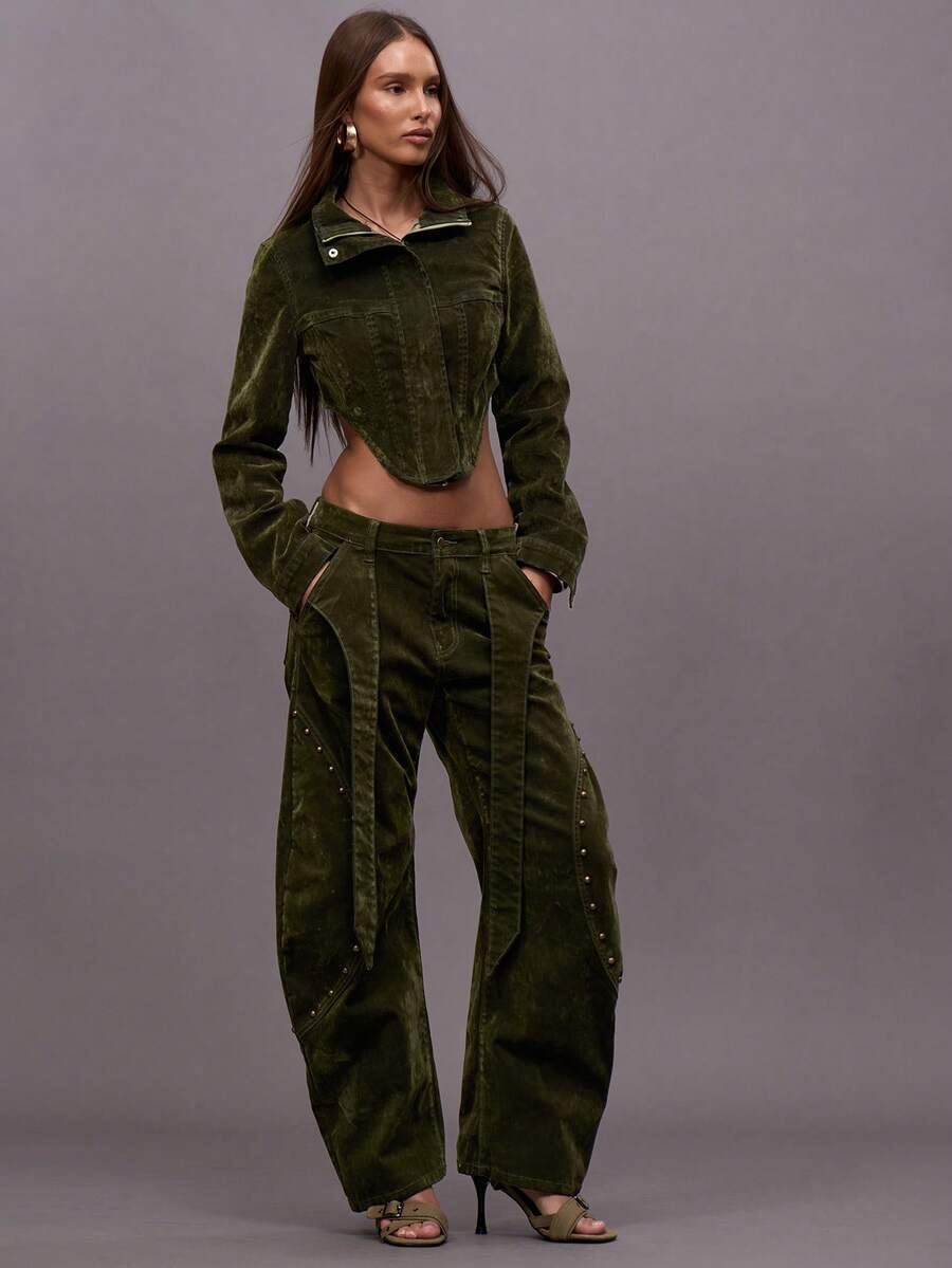 MUSERA Flocked Barrell Leg Curved Studded Hem Detail Mid Rise Jeans Winter Night Out Going Out Streetwear Cute Back To School Sexy Chic Spring Summer - Army Green - View 1