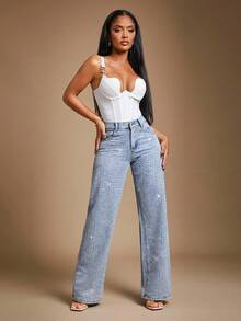 Radiana BAE Women's Low Waist Embellished Slim Straight Leg Jeans, New Years Eve Outfit,Glitter Pants,Christmas Party Women Pants,Sequin Pants,Holiday Pants,Baggy Women Jeans,Glitter Baggy Jeans,Glitter Pants - Medium Wash - View 4