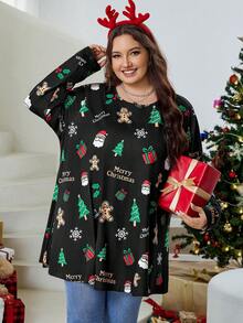 SHEIN CURVE+ Áo thun tay dài cổ tròn in khẩu hiệu Giáng sinh hình người bánh gừng cỡ lớn dành cho nữ - Nhiều màu - Xem 7