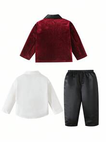 SHEIN 3pcs/Set Baby Boy Velvet Blazer Suit, Includes Red Blazer, White Shirt With Bow Tie , And Black Pants. Elegant Gentleman Outfit Suitable For Indoor, Outdoor, Daily Wear, Party, Photography, Wedding, Baby Shower, Christmas, New Year Autumn Winter Clothes - Red - View 2