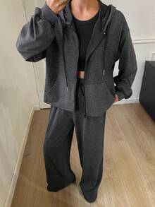 Livesso 女士秋冬时尚条纹宽松商务休闲连帽开衫和直筒裤两件套家居服套装 - 深灰色 - 查看 5