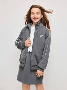 青少年女孩字母印花落肩长袖运动衫夹克和迷你裙休闲装，秋季