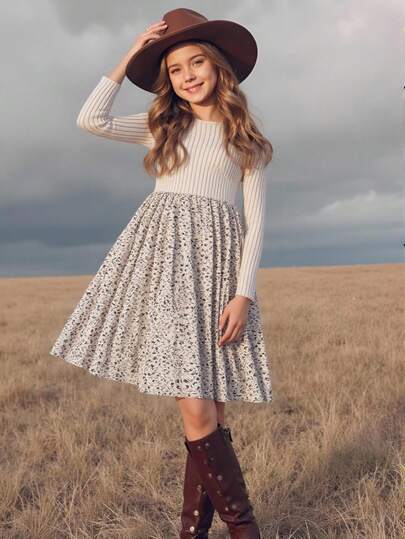 Emery Rose Kids Emery Rose Kids 青少年女孩针织纯色拼布花卉休闲 A 字连衣裙，舒适柔软的服装