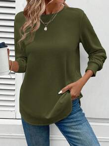 SHEIN LUNE Moletom feminino casual confortável com gola redonda e bainha assimétrica, textura waffle, blusa básica verde-oliva, blusa feminina de manga comprida, blusa de cor sólida, blusa verde de manga comprida, roupas de outono e inverno para mulheres