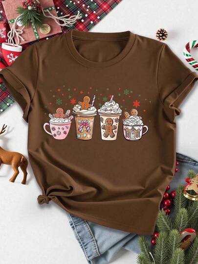 EMERY ROSE Damska koszulka z nadrukiem pierników, okrągłym dekoltem, dopasowana, z krótkim rękawem