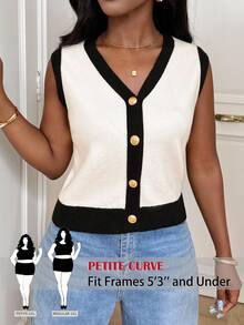 SHEIN PETITE CURVE 大码撞色边无袖毛衣背心，简约时尚 - 米色 - 查看 8