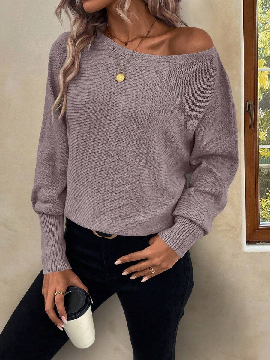 EMERY ROSE Women's Solid Color Batwing Sleeve Casual Pullover Sweater, Autumn/Winter - Violet Purple - View 1