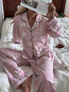 CottageSlumber Floral & Rabbit Print Long Sleeve Top & Pants Pajama Set With Collar, Fall Winter Clothes - Pink - View 6