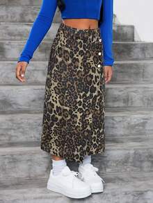 Tween Girls Casual Frayed Hem Asymmetric Waist Denim Long Skirt With Leopard Print, Soft Washed, Comfortable, Fashionable, Suitable For Fall& Winter,For Girls Daily Clothes And Streetwear Outfits, Back To School Homecoming Outfits,Christmas Clothes Halloween Outfits,Suitable For School, Home And Travel