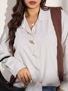 Zelara 大码休闲/工作条纹金属爱心装饰衬衫，冬季舒适秋季圣诞节新年感恩节派对复古上衣 - 白色 - 查看 6