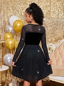 Tween Mädchen -Partykleid im Eleganten Modischen Stil mit Schwarzer Mesh-Patchwork Taille, Vielseitig Einsetzbar - Schwarz - Übersicht 3
