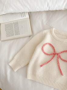 SHEIN Vintaside Kids Toddler Girls' Embroidered Apricot Pullover Sweater, Suitable For Spring/Autumn, Can Be Worn As Layering Piece In Cold Winters. Delicate Bow Embroidery Adds Adorable And Playful Charm. Suitable For Family Gatherings, Halloween, New Year, Thanksgiving, Christmas, Easter, National Day, Parties, New Year's Eve Bow Baby Clothes Baby Knitwear Baby Girl Sweater Newborn Sweater Baby Girl Jumper Baby Clothes Girl Fall Sweater Fall Baby Winter Dress Knit Baby Girl Clothes Baby Clothes Girl Fall Sweater Baby Knitwear Baby Girl Clothes Baby Sweater Baby Girl Winter Sweaters Baby Girl Jumper Baby Solid Color Knitted Sweater Baby Clothes Girl Sweater - Apricot - View 5