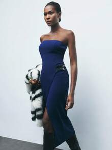 Maija 2025 Women's Strapless Dress With Belt,Navy Blue Summer Chic Mid-Length Luxurious Party Night Out Dress,Modern Urban Old Money Aesthetic Halloween - Navy Blue - View 1