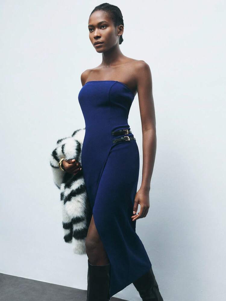 SHEIN Maija 2025 Women's Mid-Length Strapless Dress With Belt And Buckle, Winter Dress, Autumn Clothes , Halloween Costumes, Halloween Cosplay, Christmas Party , New Year Clothes , New Year Women,Blue Strapless Dress, Modern Urban Style, Old Money Aesthetic, Luxurious Party Dress.